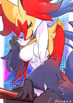 1girl animal_ears animal_nose body_fur breasts claws commentary_request delphox furry furry_female gen_6_pokemon highres large_breasts lolobox mega_delphox nintendo open_mouth pokemon pokemon_(creature) red_eyes snout solo tail tongue tongue_out twitter_username white_fur