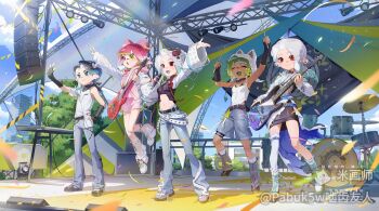 1boy 4girls artist_name bandana bandana_around_neck belt belt_buckle black_arm_warmers black_bandana black_belt black_choker black_flower black_gloves black_hair black_shirt black_shoes blue_eyes blue_hair blue_pants blue_shorts breasts buckle choker closed_eyes colored_tongue confetti crop_top dark-skinned_female dark_skin detached_sleeves drumsticks earrings fingerless_gloves flower full_body gloves gradient_hair green_eyes green_hair green_tongue grey_hair guitar hair_ears hair_flower hair_ornament hand_on_own_hip heterochromia highres holding holding_drumsticks holding_guitar holding_instrument holding_microphone hood hood_down hoodie inkling inkling_girl inkling_player_character instrument jewelry leg_warmers long_hair medium_hair microphone midriff mihuashi_logo multicolored_hair multiple_girls navel necklace nintendo octoling octoling_boy octoling_girl octoling_player_character open_mouth pabuk5w pants pink_eyes pink_hair pink_hoodie pointy_ears purple_shoes red_eyes red_flower see-through_clothes see-through_legwear shirt shoes short_hair shorts single_sleeve sleeveless sleeveless_hoodie splatoon_(series) stage tank_top tentacle_hair watermark white_leg_warmers white_shirt white_shoes white_sleeves white_tank_top