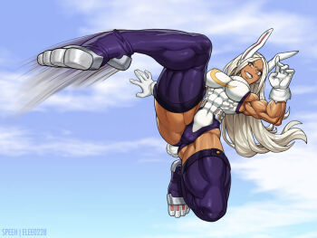 Rule 34 | 1girl, abs, animal ears, boku no hero academia, breasts, commission, commissioner upload, dark-skinned female, dark skin, flying kick, gloves, highleg, highleg leotard, highres, impossible clothes, kicking, large breasts, leotard, long hair, mirko, muscular, muscular female, rabbit ears, rabbit girl, red eyes, skin tight, solo, speh, teeth, thighhighs, white gloves, white hair