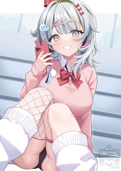 Rule 34 | 1girl, absurdres, azur lane, black panties, blush, breasts, cameltoe, cellphone, cellphone strap, commentary request, elegant (sumisumi4268), green eyes, grey hair, grin, hair ornament, hairclip, highres, holding, holding phone, large breasts, looking at viewer, loose socks, medium hair, panties, phone, pink sweater, red ribbon, ribbon, seattle (azur lane), sitting, smartphone, smile, socks, solo, sweater, underwear, white socks