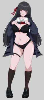 1girl absurdres black_bra black_choker black_hair black_panties black_serafuku black_shirt black_shoes blunt_ends blush bra breasts bright_moon chisa_(wuthering_waves) choker clothes_lift full_body hair_ribbon highres large_breasts lifting_own_clothes long_hair looking_at_viewer mole mole_under_eye navel open_mouth panties red_eyes red_ribbon ribbon sailor_collar school_uniform serafuku shirt shirt_lift shoes solo thigh_strap thighs underwear undressing white_sailor_collar wuthering_waves