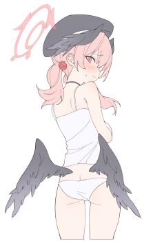 1girl ass beret blue_archive blush butt_crack camisole cowboy_shot embarrassed flat_color from_behind hat head_wings highres koharu_(blue_archive) loli low_twintails low_wings medium_hair multiple_wings no_pants panties pink_eyes pink_hair rakugaki_ningen simple_background solo twintails underwear white_background white_camisole white_panties wings
