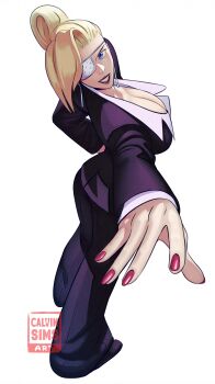 1girl absurdres black_suit blonde_hair blue_eyes blush breasts calvin_sims cleavage earrings eyepatch foreshortening formal_clothes from_above full_body grin hair_bun hand_on_own_hip highres jewelry large_breasts lips looking_at_viewer mature_(kof) pant_suit pants reaching reaching_towards_viewer red_lips red_nails shirt short_hair simple_background single_hair_bun smile solo standing suit the_king_of_fighters the_king_of_fighters_xiii watermark white_background white_shirt