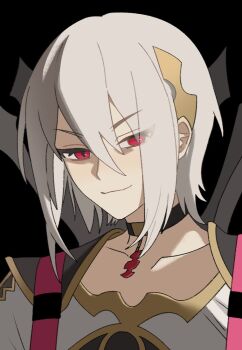 1boy androgynous armor choker collarbone dark_background dr_metagross dragon dragon_boy fire_emblem fire_emblem_engage flat_chest hair_between_eyes hair_ornament jewelry looking_at_viewer male_focus medium_hair nintendo pendant rafal_(fire_emblem) red_eyes shirt shoulder_armor simple_background smile solo white_hair white_shirt