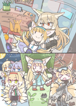 &gt;_&lt; 4girls absurdres animal_ears arknights blonde_hair blue_hairband closed_eyes closed_mouth commentary_request fox_ears fox_girl fox_tail goggles goggles_on_head green_eyes hairband heixiu highres holding holding_staff japanese_clothes keirono kimono kitsune kyuubi long_hair luo_xiaohei_zhanji mint_(arknights) mint_(tsukiyoi)_(arknights) mother_and_daughter multiple_girls multiple_tails neck_ribbon official_alternate_costume open_mouth pink_kimono red_eyes red_hairband red_ribbon ribbon scene_(arknights) scene_(betsushi)_(arknights) shamare_(arknights) smile staff suzuran_(arknights) suzuran_(lostlands_flowering)_(arknights) suzuran_(spring_praise)_(arknights) suzuran_(yukibare)_(arknights) tail vulpisfoglia_(arknights) |_|