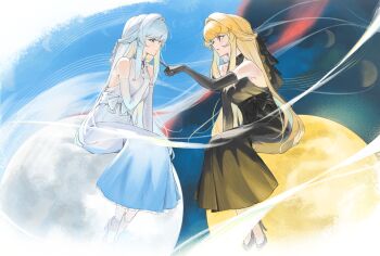 2girls bare_shoulders black_dress black_gloves black_shoes blonde_hair blue_dress blue_eyes brown_eyes chinese_commentary commentary_request dress elbow_gloves full_body gloves gradient_clothes gradient_dress hand_up high_heels highres light_blush long_dress long_hair looking_at_another multicolored_dress multiple_girls original parted_lips partial_commentary pointing pointing_at_another shoes sitting sleeveless sleeveless_dress two-tone_dress uito_yzwa white_dress white_gloves white_hair white_shoes