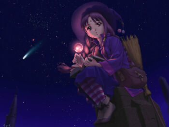 Rule 34 | 1girl, :o, artist name, bag, book, braid, broom, brown bag, brown shoes, character request, commentary request, copyright request, crossbody bag, crystal ball, dress, earrings, forehead jewel, glowing, hair tubes, hat, high up, holding, holding book, jewelry, long dress, long hair, long sidelocks, long sleeves, looking to the side, low twin braids, night, on rock, open book, parted lips, pc-98 (style), pom pom (clothes), purple dress, purple eyes, purple hair, purple robe, robe, shoes, shooting star, shoulder bag, shoulder strap, sidelighting, sidelocks, signature, single hair tube, single sidelock, sitting, sky, solo, spire, star (sky), starry sky, striped clothes, striped thighhighs, teardrop earrings, teiku (take), thighhighs, twin braids, witch, witch hat