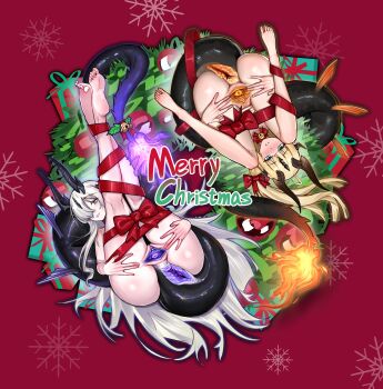 2girls absurdres anus arknights ass barefoot blonde_hair blue_eyes christmas colored_pussy commentary dragon_girl dragon_tail english_commentary feet from_above grin hair_over_one_eye highres long_hair looking_at_viewer lying merry_christmas multiple_girls necrass_(arknights) on_back presenting presenting_pussy purple_pussy red_background reed_(arknights) shangdong smile spread_legs spread_pussy spreading_own_pussy tail uncensored very_long_hair white_hair yellow_pussy