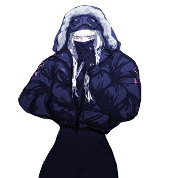 1girl absurdres black_bodysuit black_gloves blunt_bangs bodysuit cameltoe coat commentary covered_mouth covering_own_mouth cowboy_shot cropped_jacket english_commentary gloves goggles goggles_on_head hand_in_pocket highres hood hood_up jacket long_hair navel original partially_unzipped peinlike union_jack white_background white_hair winter_clothes winter_coat