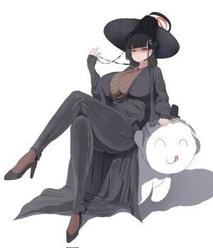 1girl alternate_costume black_dress black_hair blue_archive breasts cleavage_cutout clothing_cutout crossed_legs doodle_sensei_(blue_archive) dress fishnets hair_ornament hairclip halloween_costume halo hat high_heels highres hth5k large_breasts long_hair looking_to_the_side multicolored_halo red_eyes red_hair rio_(blue_archive) see-through_cleavage see-through_clothes sensei_(blue_archive) simple_background sitting two-tone_halo white_background witch witch_hat