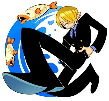 1boy abeiyuuu black_shoes black_suit blonde_hair blue_shirt cigar fish formal_clothes hands_in_pockets highres one_piece sanji_(one_piece) shirt shoes short_hair simple_background smile suit white_background