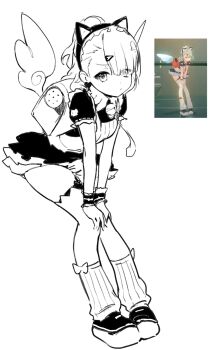 1girl 42sini42 animal_ear_hairband animal_ears bell black_dress cat_ear_hairband cat_ears closed_mouth commentary_request dress fake_animal_ears frilled_dress frills full_body game_screenshot_inset greyscale hair_ornament hairband hands_on_own_knees heart heart_hair_ornament highres korean_commentary leaning_forward looking_at_viewer maid maid_headdress monochrome neck_bell necktie reference_inset screenshot_inset simple_background solo sunna_(afternoon_tea_break)_(zenless_zone_zero) sunna_(zenless_zone_zero) white_background white_wings winged_bag wings zenless_zone_zero