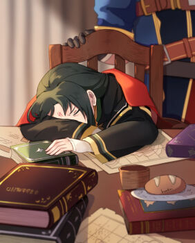 2boys book boxkiri bread chair closed_eyes commentary cup english_commentary facial_mark fire_emblem fire_emblem:_path_of_radiance food forehead_mark ike_(fire_emblem) male_focus map multiple_boys nintendo sleeping solo_focus soren_(fire_emblem) table