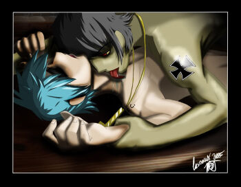 2boys 2d_(gorillaz) blue_hair cross gorillaz jewelry licking male_focus multiple_boys murdoc_niccals necklace saliva tattoo tears topless_male yaoi