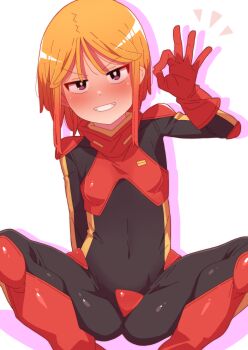 1girl absurdres boots breasts butterfly_sitting covered_navel gloves gundam gundam_zz hand_up highres light_blush looking_at_viewer mecha_pilot_suit military_uniform neo_zeon normal_suit_(gundam) ok_sign on_floor onimaru_(onimal7802) orange_hair puru_two red_boots red_gloves science_fiction short_hair sitting small_breasts solo