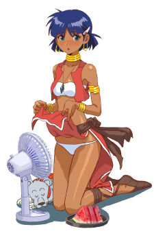 1girl absurdres bandeau blush bob_cut bracelet breasts brown_footwear caught clothes_lift commentary_request cropped_vest cross-laced_sandals dark-skinned_female dark_skin earrings electric_fan embarrassed food fruit full_body fushigi_no_umi_no_nadia green_eyes hair_ornament hairclip highres hoop_earrings jewelry king_(nadia) kneeling loincloth loincloth_lift looking_at_viewer midriff nadia_la_arwall neck_ring necklace panties pelvic_curtain pendant purple_hair red_vest sandals shiren_(ourboy83) short_hair sleeping strapless surprised tube_top underwear vest watermelon white_bandeau white_panties