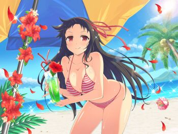 1girl ass ayame_(senran_kagura) ball beach beach_umbrella beachball bikini black_hair blue_umbrella blush breasts cleavage closed_mouth coconut coconut_tree collarbone crazy_straw cup drink drinking_glass drinking_straw falling_petals flower groin hair_ribbon heart_straw hibiscus holding holding_drink horizon large_breasts leaf leaning_forward long_hair looking_at_viewer mountainous_horizon multicolored_bikini ocean official_alternate_costume official_art palm_leaf palm_tree petals plant red_bikini red_eyes red_flower red_petals red_ribbon ribbon senran_kagura senran_kagura_new_link shiny_skin smile string_bikini striped_bikini striped_clothes swimsuit tree tropical_drink two-tone_bikini two-tone_umbrella umbrella water white_bikini yellow_umbrella