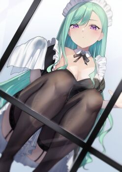 1girl absurdres black_thighhighs breasts cleaning cleavage collar detached_collar frills garter_straps green_hair highres kairi_(miry666) long_hair maid maid_headdress medium_breasts purple_eyes solo squatting thighhighs virtual_youtuber vspo! white_collar white_headdress window yakumo_beni