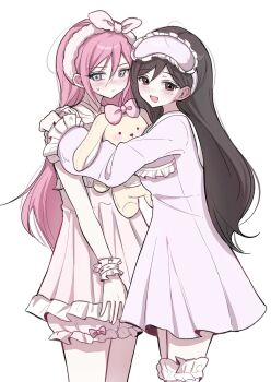 2girls :&lt; :d \||/ alternate_costume arms_at_sides aubrey_(faraway)_(omori) aubrey_(omori) bare_arms black_eyes black_hair bloomers blue_eyes blush bow bow_hairband breasts closed_mouth cowboy_shot double-parted_bangs dress frilled_bloomers frilled_dress frilled_thighhighs frilled_wrist_cuffs frills frown fur_hairband hair_behind_ear hair_between_eyes hairband hands_on_another&#039;s_shoulders hands_up hashtag-only_commentary highres hug long_hair long_sleeves looking_at_viewer looking_back mari_(faraway)_(omori) mari_(omori) multiple_girls nose_blush omori open_mouth pale_skin pink_bow pink_dress pink_hair pink_hairband pink_wrist_cuffs puffy_long_sleeves puffy_sleeves raised_eyebrows see-through_clothes see-through_sleeves short_dress short_sleeves simple_background small_breasts smile standing straight_hair stuffed_animal stuffed_rabbit stuffed_toy sweatdrop thighhighs tongue underwear very_long_hair white_background white_bloomers white_thighhighs wktdms1 wrist_cuffs zettai_ryouiki