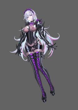 1girl absurdres black_corset bodysuit bondage_outfit boots breasts commentary_request commission corruption corset full_body grey_background grey_hair highres juliet_sleeves lace-up_boots latex latex_bodysuit long_hair long_sleeves maid_headdress medium_breasts nipples original puffy_sleeves purple_eyes pussy second-party_source see-through_bodysuit see-through_clothes shen_hai_ichigo shiny_clothes smile solo thigh_boots variant_set very_long_hair wrist_cuffs