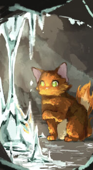 Rule 34 | absurdres, animal, animal focus, cat, cave, commentary, crystal, fire, firestar (warrior cats), glowing, green eyes, highres, in-universe location, lantadorite, no humans, no lineart, orange cat, painterly, sitting, solo, the prophecies begin, warrior cats