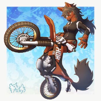Rule 34 | 1girl, acky, animal ears, biker clothes, bikesuit, black bodysuit, black hair, blue background, bodysuit, breasts, brown gloves, commentary, commission, floating, full body, furry, furry female, gloves, highres, horse ears, horse girl, horse tail, large breasts, long hair, looking at viewer, mixed-language commentary, motocross, motor vehicle, motorcycle, open mouth, original, signature, skeb commission, solo, tail, taur, yellow eyes, zipper
