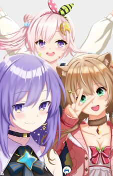 3girls absurdres airani_iofifteen animal_ears ayunda_risu blue_hair breasts brown_hair gradient_hair green_eyes hair_bun highres hololive hololive_indonesia long_hair moona_hoshinova multicolored_hair multiple_girls pink_hair plizzusername purple_eyes purple_hair side_ponytail sidelocks smile squirrel_ears squirrel_girl squirrel_tail tail virtual_youtuber