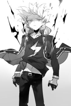 Rule 34 | 1boy, bad id, bad twitter id, cookie run, cookie run: ovenbreak, cowboy shot, greyscale, humanization, inactive account, jacket, jitome, lemon cookie, lemon cookie (unlimited potential), lightning bolt print, long sleeves, male focus, monochrome, nana (ebitokanimiso), navel, official alternate costume, open clothes, open jacket, painttool sai (medium), pants, shirt, short hair, simple background, sketch, solo, standing, white background