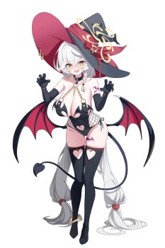 1girl absurdres black_hat black_tail black_wings blue_archive breasts cleavage demon_girl demon_tail demon_wings eri_(blue_archive) full_body grey_hair halo hashtag-only_commentary hat highres horns large_breasts long_hair looking_at_viewer low_wings navel od_sey official_alternate_costume open_mouth orange_eyes side_halo smile solo tail tilted_halo wings witch_hat yellow_halo