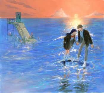 1boy 1girl ^_^ black_footwear black_jacket black_skirt blue_hair bow bowtie brown_hair closed_eyes cloud door floating_stairs flower grass grey_pants hand_in_pocket highres holding_hands horizon jacket kneehighs n0ma ocean oil_painting_(medium) open_clothes open_jacket open_mouth orange_sky original overgrown painting_(medium) pants red_bow red_bowtie scenery shirt shoes short_hair skirt sky sneakers socks stairs sun sunset surreal traditional_media water white_shirt white_socks wide_shot