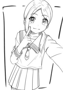 1girl absurdres blush border collarbone commentary_request cowboy_shot dot_nose forehead highres lineart looking_at_viewer monochrome necktie negimiso1989 original outside_border pleated_skirt pointing pointing_at_self ponytail sailor_collar school_uniform selfie serafuku short_hair simple_background skirt smile solo white_background