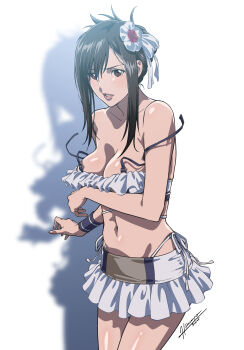 1girl absurdres arm_under_breasts bikini black_hair breasts brown_eyes cowboy_shot final_fantasy final_fantasy_vii final_fantasy_vii_rebirth final_fantasy_vii_remake flower hair_bun hair_flower hair_ornament highres himemura_saki large_breasts official_alternate_costume parted_lips simple_background solo swimsuit tifa_lockhart tifa_lockhart_(shining_spirit) undone_bikini white_background white_bikini white_flower