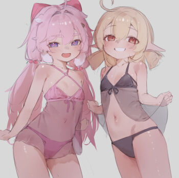 +_+ 2girls bare_legs bare_shoulders barefoot blonde_hair blush bow breasts crossover encore_(wuthering_waves) genshin_impact green_eyes grey_background hair_bow hairband highleg hug klee_(genshin_impact) leotard loli long_hair looking_at_viewer multiple_girls open_mouth pointy_ears side_ponytail simple_background sketch small_breasts smile standing twintails white_hair white_leotard wuthering_waves xaea_xp