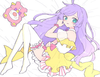 1girl ahoge bare_shoulders blush closed_eyes coattails commentary_request detached_collar detached_sleeves dress frilled_skirt frilled_thighhighs frills full_body green_eyes hair_down kuma_(pripara) layered_skirt long_hair looking_at_viewer lying manaka_laala multicolored_dress no_shoes nojima_minami on_back on_bed on_side parted_lips pretty_series pripara puffy_detached_sleeves puffy_sleeves purple_hair short_dress skirt sleeping sleeveless sleeveless_dress solo stuffed_animal stuffed_toy teddy_bear thighhighs very_long_hair white_sleeves white_thighhighs