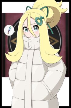 ! 1girl absurdres blonde_hair blue_eyes blush closed_mouth coat commentary_request hair_between_eyes hair_ornament hair_ribbon hands_in_pockets highres korrina_(pokemon) long_hair long_sleeves looking_at_viewer nintendo pokemon pokemon_legends:_z-a ponytail ribbon shabana_may smile solo speech_bubble spoken_exclamation_mark white_coat winter_clothes winter_coat