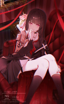 1girl absurdres arm_cutout black_choker black_hair black_jacket black_serafuku black_shirt breasts chisa_(wuthering_waves) choker closed_mouth clothing_cutout commentary_request highres jacket long_hair long_sleeves medium_breasts neckerchief red_eyes red_neckerchief red_theme revision sailor_collar school_uniform serafuku shirt sitting_sideways smile solo thigh_strap thighs white_sailor_collar wuthering_waves yunoji_(onigiri_yumi09)