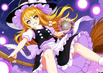 1girl apron back_bow black_skirt black_vest blonde_hair bow broom broom_riding commentary_request danmaku dated frilled_sleeves frills grin hair_bow hat hat_bow kirisame_marisa long_hair looking_at_viewer mist9801km night outdoors puffy_short_sleeves puffy_sleeves short_sleeves skirt sky smile solo touhou very_long_hair vest waist_apron white_apron white_bow witch_hat yellow_eyes