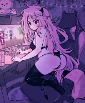 1girl ahoge black_bra black_panties black_thighhighs bra cardcaptor_sakura chair chi&#039;s_sweet_home chobits computer computer_keyboard copyright_request demon_girl dress_to_impress energy_drink freckles heart highres horns indoors june_(megrocks) kneeling megrocks monster_energy no_shoes original panties partially_visible_vulva patreon_logo patreon_username pink_hair plushie pointy_ears poster_(object) red_eyes tail thighhighs thong underwear
