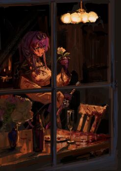 1girl blood blood_on_clothes blood_on_face bottle bouquet chair cup drinking_glass flower gloves highres holding holding_weapon honkai:_star_rail honkai_(series) jacket kafka_(honkai:_star_rail) purple_eyes purple_gloves purple_hair shirt sunglasses suzuri_2449 table weapon white_shirt wine_bottle wine_glass