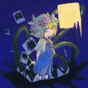 1boy 5_mugiko antenna_hair arms_behind_back basil_(headspace)_(omori) basil_(omori) blue_overalls closed_mouth double-parted_bangs flower flower_wreath gardening_shears green_eyes green_hair green_shirt hair_between_eyes head_wreath looking_at_viewer male_focus omori overall_shorts overalls photo_(object) plant shirt short_hair smile solo something_(omori) t-shirt vines white_background