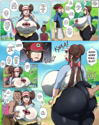 1girl 2boys alternate_breast_size ass bittercream black_pantyhose blue_eyes blue_shirt blush breasts brown_hair bulge comic covered_erect_nipples curvy day double_bun english_text erection erection_under_clothes gigantic_breasts grabbing_another&#039;s_ass grabbing_another&#039;s_breast groping hair_between_eyes hair_bun hetero highres huge_ass impossible_clothes impossible_shirt long_hair micro_shorts molestation multiple_boys nate_(pokemon) netorare nintendo outdoors paid_reward_available pantyhose poke_ball_print pokemon pokemon_bw2 raglan_sleeves rosa_(pokemon) shirt shorts sidelocks sound_effects stealth_ass_grab twintails two-tone_shirt ugly_bastard visor_cap white_shirt yellow_shorts