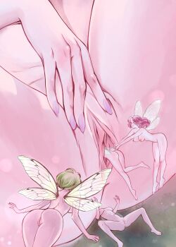 Rule 34 | 5girls, absurdres, ass, bent over, brown hair, completely nude, face in ass, fairy, fairy wings, green hair, group sex, highres, koonago, mini person, minigirl, multiple girls, nude, original, pointy ears, purple nails, rambutanart, size difference, smile, spread legs, spread pussy, spreading another's pussy, spreading own pussy, unbirthing, wings, yuri