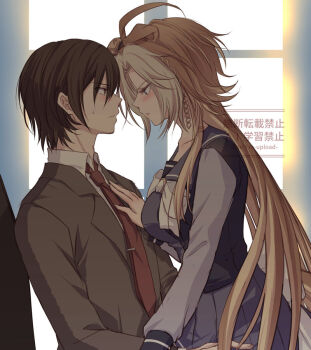 1boy 1girl animal_ears blue_eyes blush bow brown_eyes brown_hair brown_jacket closed_mouth collared_shirt commentary_request hand_on_another's_chest horse_ears horse_girl horse_tail jacket long_hair long_sleeves multicolored_hair necktie orange_hair orfevre_(umamusume) purple_sailor_collar purple_shirt purple_skirt red_necktie sailor_collar school_uniform shirt short_hair sitting sitting_on_lap sitting_on_person skirt sweatdrop tail tracen_school_uniform trainer_(umamusume) two-tone_hair umamusume white_bow white_hair white_shirt yue_(lov_n_n)