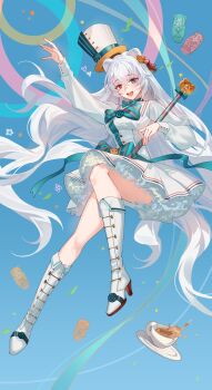 1girl :d absurdres animal_ears aqua_bow aqua_bowtie arknights arm_up bear_ears bear_girl bear_hair_ornament blue_background blue_eyes boots bow bowtie commentary cup dress floating_hair fold-over_boots full_body hair_ornament hand_up hat heart heterochromia highres holding_baton hongbaise_raw knee_boots knee_up layered_dress long_hair long_sleeves looking_at_viewer matryoshka_doll official_alternate_costume open_mouth puffy_long_sleeves puffy_sleeves red_eyes rilakkuma rosa_(arknights) rosa_(forever_together)_(arknights) san-x saucer short_dress smile solo spilling symbol-only_commentary tea teacup teeth top_hat upper_teeth_only very_long_hair white_boots white_dress white_hair white_hat