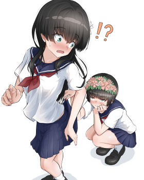 Rule 34 | 2girls, absurdres, black hair, black shoes, blue sailor collar, blue skirt, blush, clothes lift, collarbone, d:, flower, hair flower, hair ornament, hand on own cheek, hand on own face, head rest, head wreath, highres, lifting another's clothes, loafers, long hair, looking at another, looking back, multiple girls, ndk (24176709), open mouth, pleated skirt, role reversal, sailor collar, sakugawa school uniform, saten ruiko, school uniform, serafuku, shirt, shoes, short hair, short sleeves, skirt, skirt lift, small sweatdrop, smile, socks, squatting, standing, toaru kagaku no railgun, toaru majutsu no index, uiharu kazari, white shirt, white socks, yuri