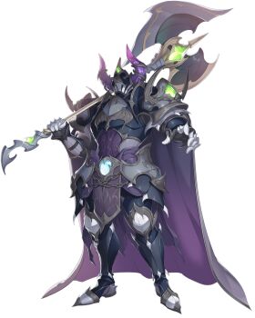 Rule 34 | 1girl, absurdres, armor, artist request, astaroth (legend clover), axe, breasts, cape, chain, demon, demon horns, full body, game cg, helmet, highres, holding, holding axe, horns, huge weapon, legend clover, official art, over shoulder, shoulder armor, solo, transparent background, weapon, weapon over shoulder