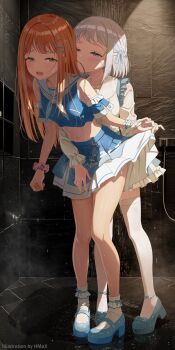 2girls absurdres blue_eyes blue_shoes clothes_lift commentary_request gakuen_idolmaster grey_hair highres hmax idolmaster katsuragi_lilja lifting_another&#039;s_clothes long_hair midriff multiple_girls navel orange_hair pink_scrunchie scrunchie shiun_sumika shoes short_hair shower_(place) skirt skirt_lift standing wet wet_clothes wrist_scrunchie yuri