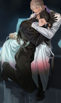 2boys bindi black_footwear black_gloves black_hair black_jacket black_pants black_suit blonde_hair chain closed_eyes coat dress_shoes earrings final_fantasy final_fantasy_vii final_fantasy_vii_remake fingerless_gloves formal_clothes full_body gloves hair_pulled_back hair_slicked_back half-closed_eyes half_updo hand_in_another's_hair hands_on_another's_shoulders highres holding holding_chain jacket jewelry kneeling long_coat long_hair male_focus multiple_boys pants parted_bangs rufus_shinra short_hair shou_rou sideburns sitting square_enix suit suit_jacket tseng white_coat yaoi