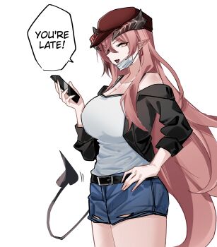 1girl absurdres alternate_costume arknights belt black_belt black_jacket black_tail blush breasts casual cellphone cleavage collarbone commentary cowboy_shot crossed_bangs demon_girl demon_horns demon_tail denim denim_shorts earrings english_commentary english_text fang from_side gem hair_between_eyes hand_up hat highres holding holding_phone horns jacket jewelry large_breasts long_hair long_sleeves looking_at_viewer looking_to_the_side mask mask_around_neck off-shoulder_jacket off_shoulder open_clothes open_jacket phone pink_hair pointy_ears red_hat shorts signature simple_background skin_fang slit_pupils smartphone smile solo speech_bubble standing tail tail_wagging thighs ulsulah_(arknights) very_long_hair white_background white_mask yazu_(zoddiacz) yellow_eyes