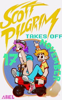 1boy 1girl \n/ abel_gongora aqua_pants aqua_shorts artist_name black_eyes blonde_hair brown_gloves character_name chromatic_aberration circle colored_tips commentary copyright_name crew_neck dated denim denim_shorts driving english_commentary english_text eyelashes fingerless_gloves gloves goggles goggles_on_head grey_shoes highres looking_at_another motor_vehicle multicolored_hair november open_mouth pants pink_hair print_shirt promotional_art purple_hair ramona_flowers science_saru scooter scott_pilgrim scott_pilgrim_(series) scott_pilgrim_takes_off shirt shoes short_shorts short_sleeves shorts simple_background smoke socks star_(symbol) star_print striped_wristband tank_top teeth thick_eyebrows tongue toon_(style) triforce wheel white_background white_socks white_tank_top wristband yellow_shirt